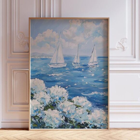 NWT Ocean with Sailboat and white Hydrangeas Art Pint Poster - Picture 1 of 10